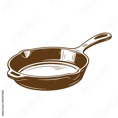 Detailed sketch illustration of a rustic cast iron skillet for cooking and kitchen use