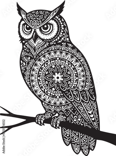 Black owl silhouette with mandala-cut circular patterns inside, perfectly balanced symmetry, white background