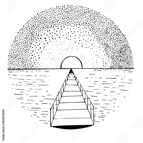 Dreamy seaside escape at sunset with a wooden pier stretching into the horizon, offering tranquility and peaceful reflection in black and white