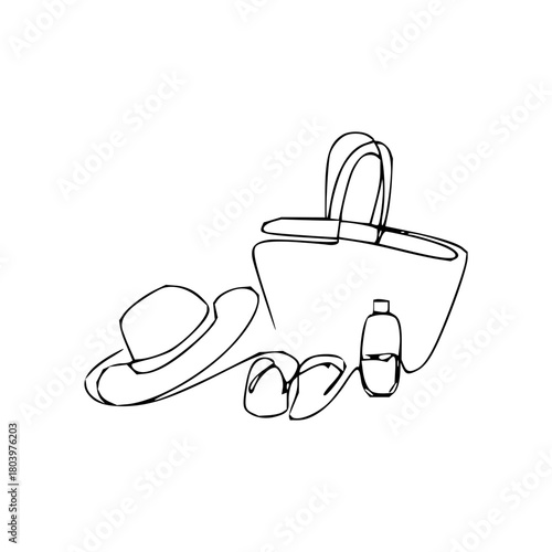 Elegant summer beach vacation essentials: hat, bag, flip flops, and sunscreen in a minimalist line art style for travel and relaxation concepts