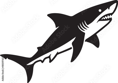 Black shark silhouette in retro badge-style minimal form, strong thick curves, white background.