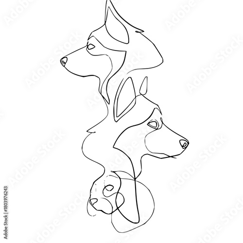 Elegant single line drawing showcases the majestic profiles of three huskies, perfect for minimalist designs and sophisticated pet-themed projects