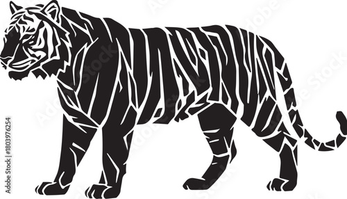 Black silhouette of a tiger built with geometric shards and broken polygon shapes, angular abstract style, clean vector, white background, strong modern look