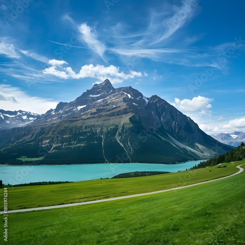 mountain landscape with blue sky,mountains,blue sky,mountain and rivers,lakes.