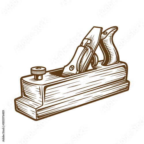 Hand drawn illustration of a vintage woodworking hand plane tool in a sketch style