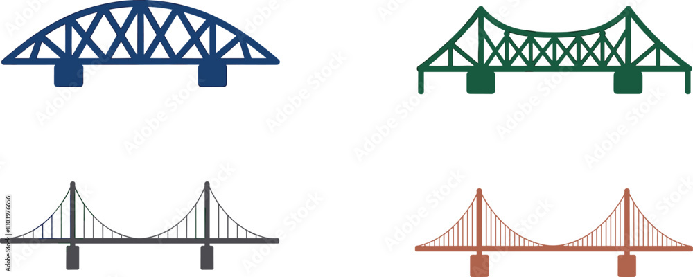 Obraz premium Colorful bridge architecture icons, structural engineering illustration set, suspension and truss bridge vector collection, urban construction design elements for infrastructure graphics