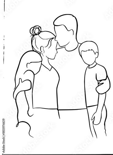 Loving parents embrace children with tender affection, capturing heartwarming family bonds in a simple, elegant line art style