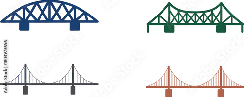 Colorful bridge architecture icons, structural engineering illustration set, suspension and truss bridge vector collection, urban construction design elements for infrastructure graphics