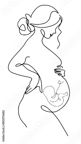 Elegant single line art captures the tender moment of expectant motherhood with a fetus symbol of new life delicately drawn within.