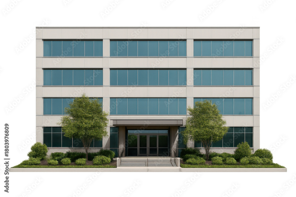 Naklejka premium Modern office building exterior facade with reflective windows, professional commercial workspace, transparent background