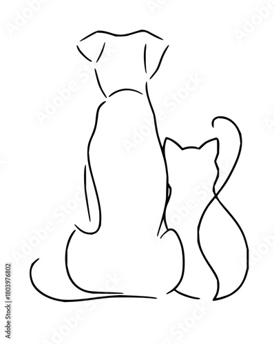 Charming simple line art depicts a loyal dog sitting closely beside a graceful cat, symbolizing companionship and friendship