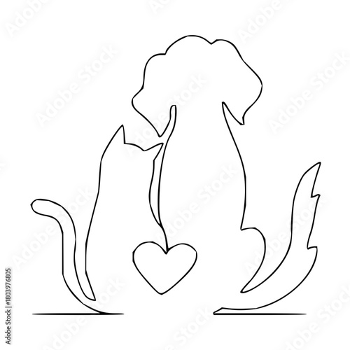 Adorable cat and dog silhouette embracing a heart, symbolizing unconditional love and companionship for pet lovers and animal enthusiasts.