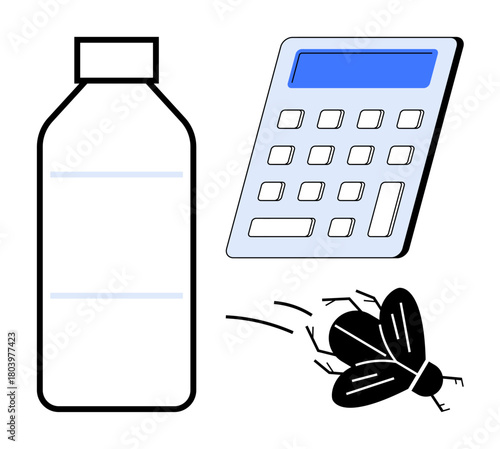 Container, calculator, and bug indicate debugging, problem-solving, unexpected errors, analytics, quality control, troubleshooting, testing and improvement in a simple flat metaphor
