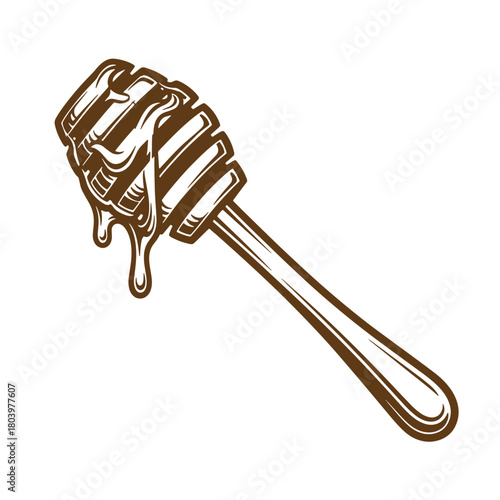 Detailed sketch of a honey dipper with dripping honey on a clean white background