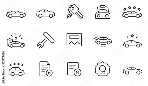 Transportation and vehicle service icons for parking, rental booking and garage work