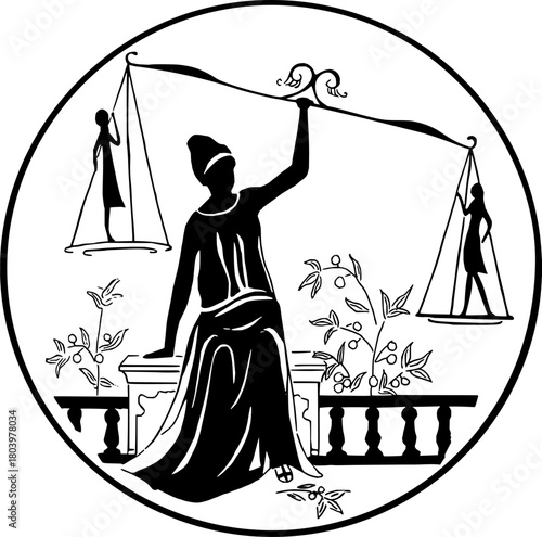 Justice personified holding scales of balance with figures representing fairness and equality in a classic circular emblem