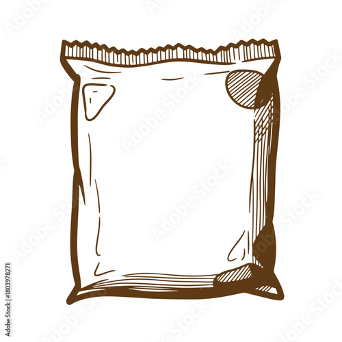 Hand drawn sketch of a blank food packaging bag for branding and mockups