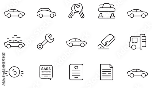 Line icons of vehicle, parking, inspection and transport for dealership and service use
