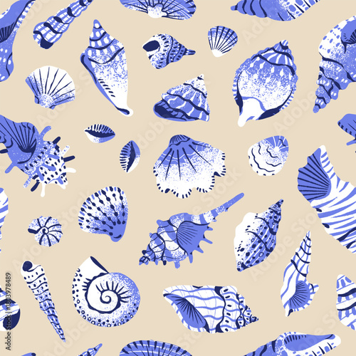 Repeatable pattern of different textured and ornamented seashells. Endless background with sea shells: cockleshells, scallops, tropical conches and exotic mollusks. Flat seamless vector illustration
