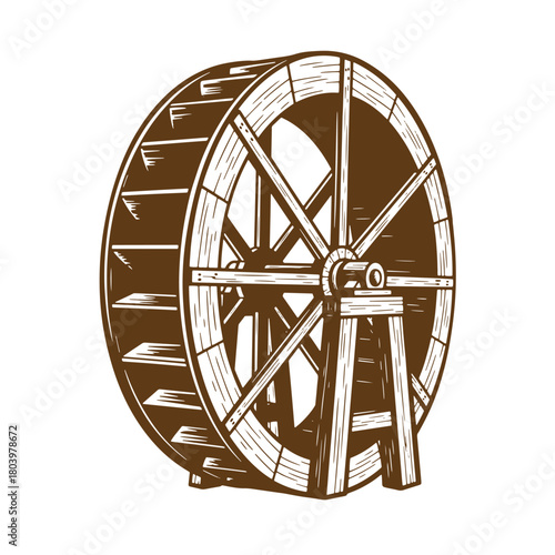 Hand drawn sketch of a classic wooden water wheel depicting old engineering
