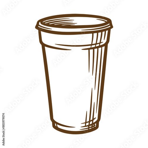 Hand drawn sketch of a coffee cup with lid in vintage brown color