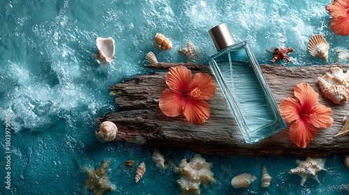 Fototapeta Naklejka Na Ścianę i Meble -  Perfume bottle on driftwood with hibiscus flowers and seashells by the sea