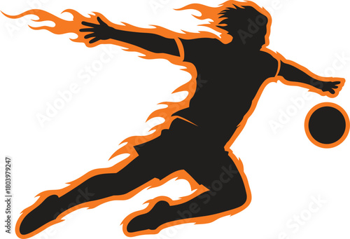 Flaming football player silhouette vector design for high-energy sports theme, dynamic soccer action and fiery illustration
