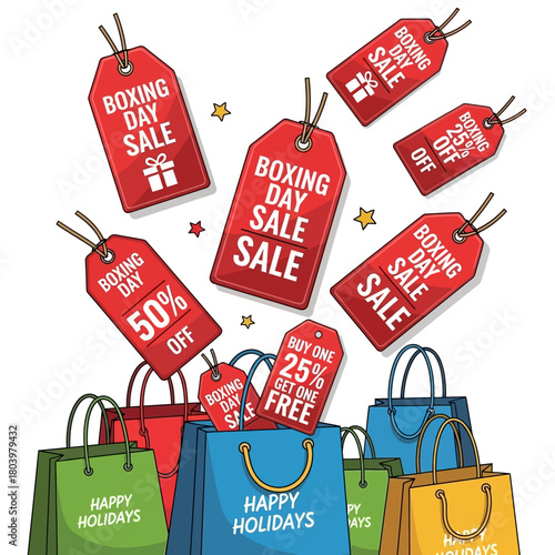 Vector illustration of a Boxing Day sale promotion featuring red price tags with various discounts emerging from colorful holiday shopping bags