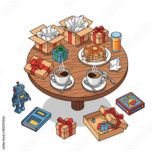 An isometric view of a festive post-celebration morning with opened gifts, toys, pancakes, and coffee on a table