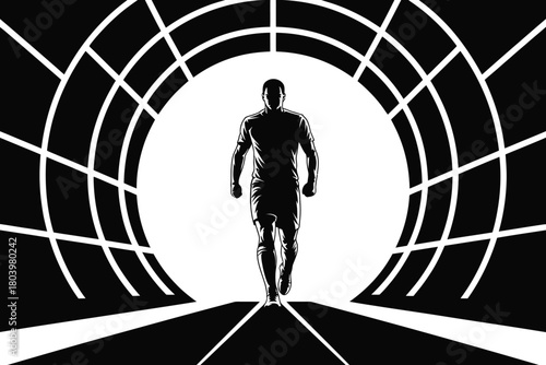 Man Silhouette Entering Tunnel with Grid Lines – Futuristic Pathway Concept Art