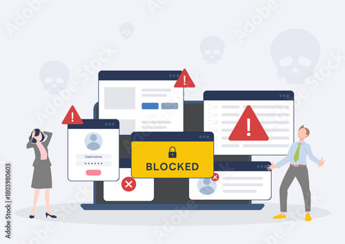 Businessman and Businesswoman Troubled by Error Screen from Cyber Attack and Ransomware