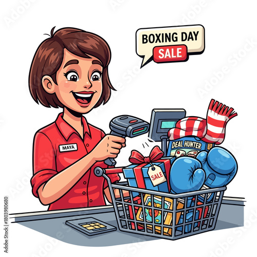 Boxing Day Sale Cashier Scanning Items in a Shopping Cart Filled with Gifts and Boxing Gear