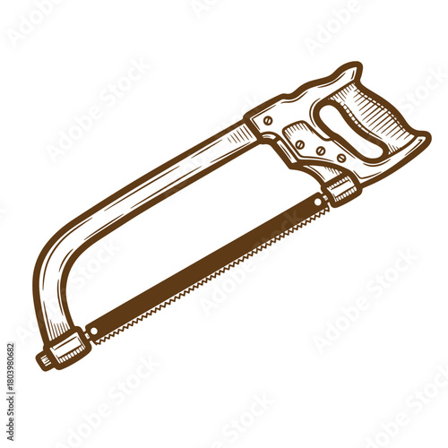 Hand-drawn sketch of a brown vintage hacksaw for woodworking or carpentry projects