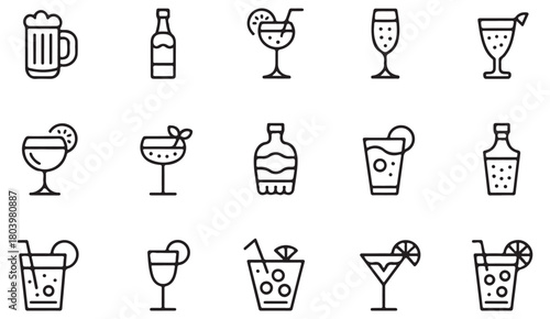 Bar and celebration vector icons featuring mixed drinks, beer mug and wine glass