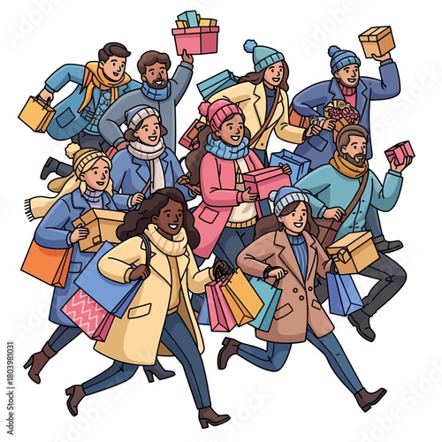 People excitedly shopping and carrying gift bags, a scene of festive consumerism and joyful giving during a sale event