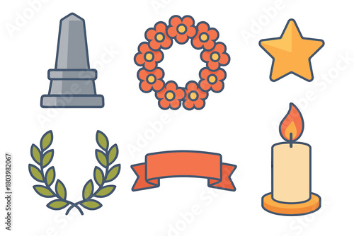 Memorial tribute elements for remembrance occasions and ceremonies. Set of 6 vector illustration