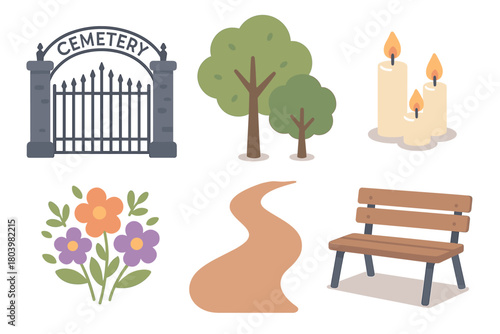 Calm cemetery with trees, candles, and flowers for remembrance. Set of 6 vector illustration