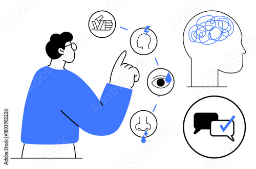 Person interacting with icons of brain, ear, eye, nose, mouth, exploring senses, emotions, and thoughts. Ideal for education psychology self-awareness cognitive science neuroscience