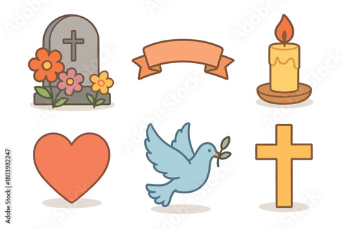 Symbols of remembrance and peace for memorials and tributes. Set of 6 vector illustration