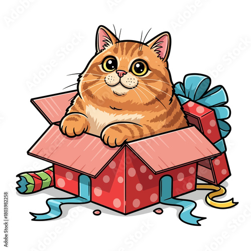Joyful ginger cat pops out of a red polka-dot gift box, surrounded by colorful ribbons. A charming surprise for celebrations, bringing happiness and companionship