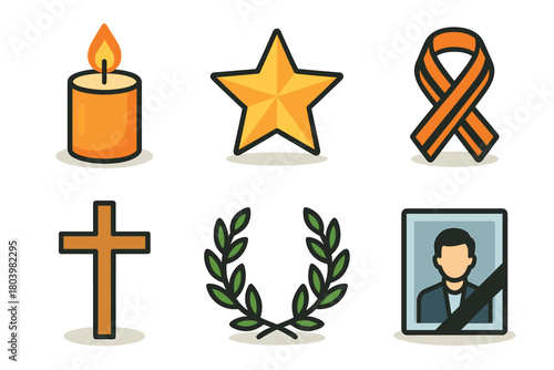 Symbols of remembrance and tribute for honoring memories. Set of 6 vector illustration
