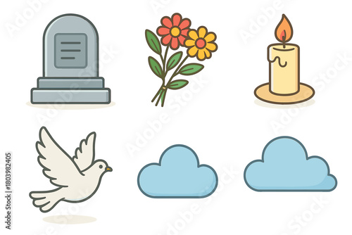 Memorial tribute with flowers, candle, and dove symbolism. Set of 6 vector illustration