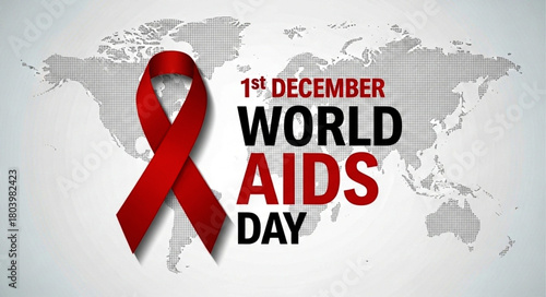 World AIDS Day: Red Ribbon Symbol on World Map Background