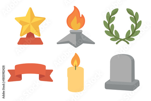 Awards symbols and tribute items for celebration and remembrance. Set of 6 vector illustration