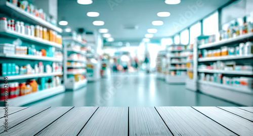 Table blanche en premier plan avec magasin flou en arrière plan