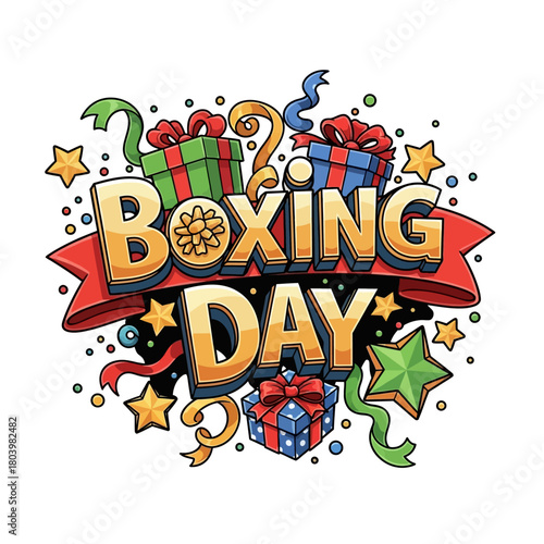 Festive Boxing Day Celebration with Gift Boxes, Ribbons, and Stars Graphic