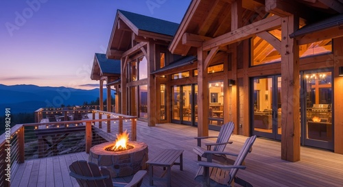 A beautiful wooden lodge with a fire pit on a deck overlooking a mountain range.