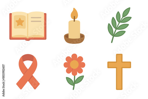 Symbols for faith, remembrance, and spiritual wellness. Set of 6 vector illustration