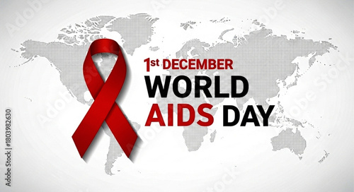 World AIDS Day Awareness Ribbon and Text on World Map Background