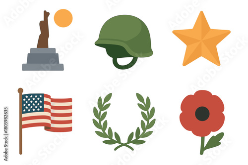 Military tribute symbols for remembrance and honor purposes. Set of 6 vector illustration